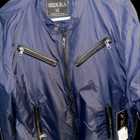 NWT MEN Sz XL SEDUKA Nylon Windbreaker Jacket Asymm MULTI ZIP POCKETS NAVY BLUE! - Picture 1 of 10